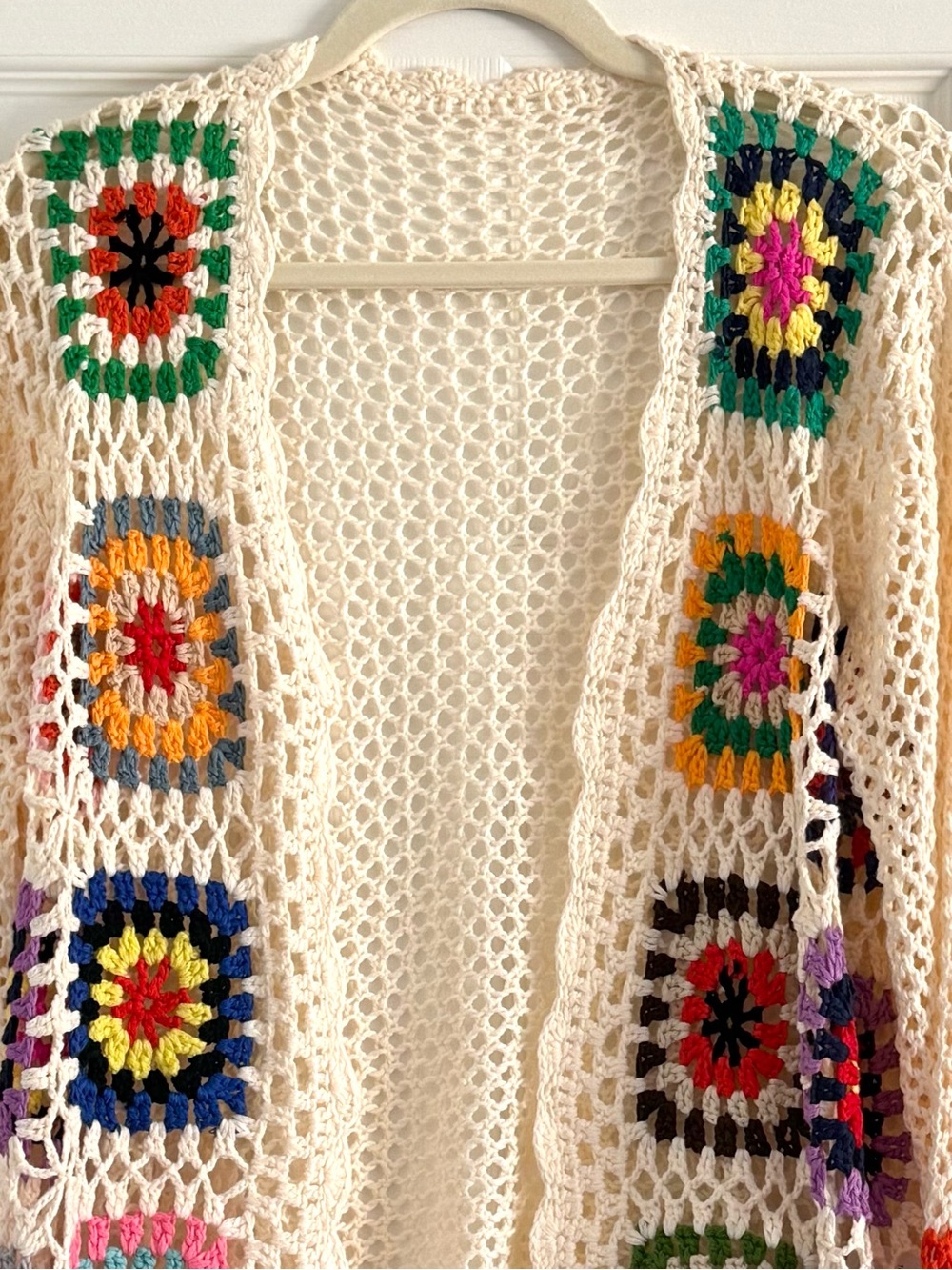 Cream Crochet Open Cardigan with Multicolor Granny Squares XL - Picture 2 of 6